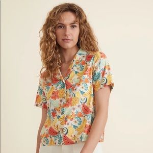 NWOT Marine Layer Lucy Resort Shirt White Fruit Print TENCEL Lyocell Hemp Small